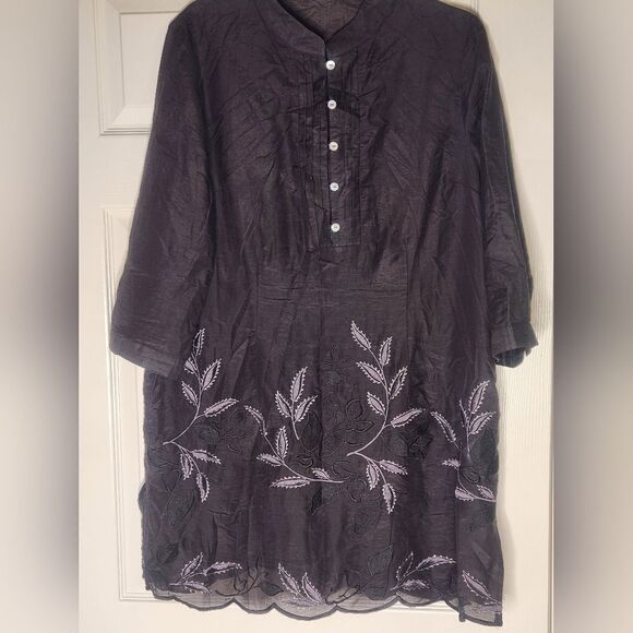 COLDWATER CREEK L Brown SILK Blend  Lightweight Dress Metalic Embroidered Hem - Picture 1 of 9